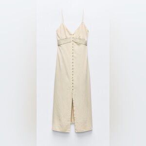 Zara NWT Size Medium Tan/Beige Slit Strappy Midi Dress Linen Blend
